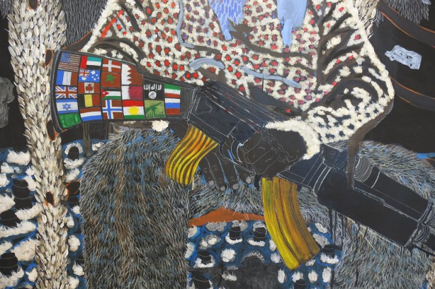 detail from an Omar Ba pinting, a black man holding an automatic rifle. The butt of the gun is covered with small flags from different countries