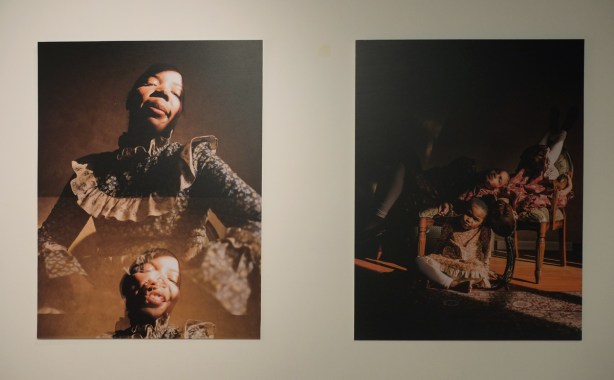 two portraits by Quil Lemons, on the left is a black woman and on the right, three black girls 