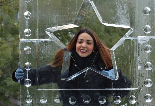 a woman with long reddish hair poses behind a cutout of a star in an ice sculpture