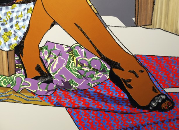 close up of an artwork by Mickalene Thomas at the AGO, a black woman's legs, seated, crossed at the knee, embellished with rhinestones