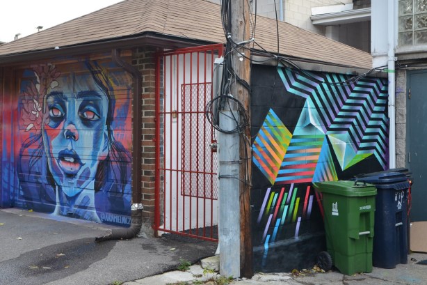 two murals in Feel Good Lane, face, lines