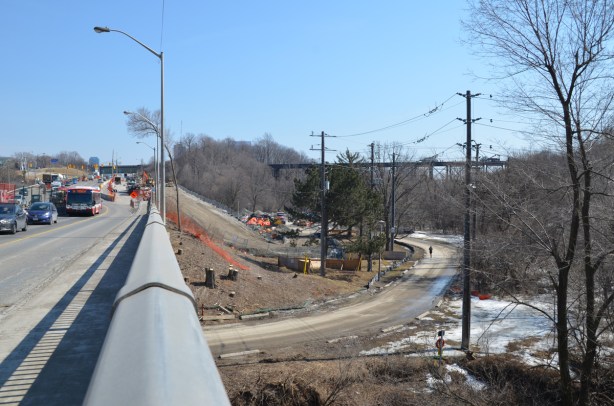 looking east along Eglinton Ave towards Leslie, on the right is the road to the park and beyond that, a railway bridge 