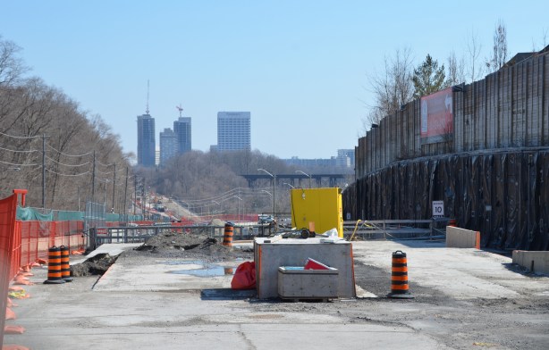 looking east on Eglinton, towards Don Mills Road in the distance, construction in the foreground