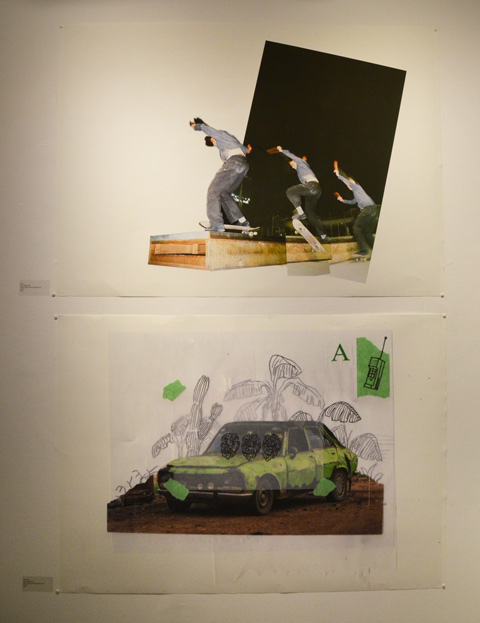 two photographers by student photographers, horizontal, one on top of the other. The top image is of a skateboarder doing a jump, in three sections, same man but in different stages of the jump 