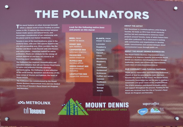 a sign that describes Nick Sweetman's mural of bees and pollinators in Mt Dennis