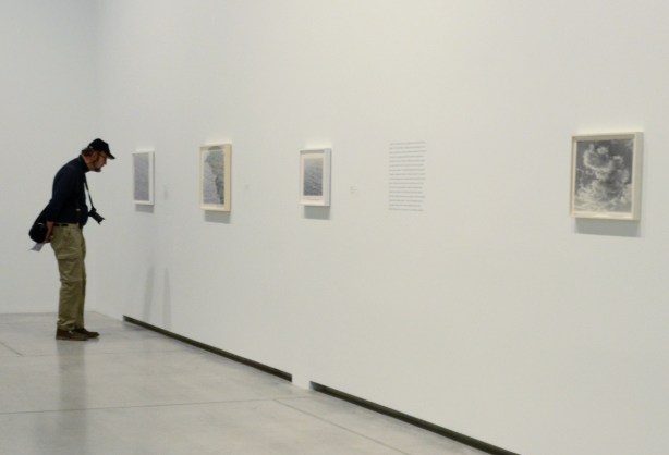 a man in an art gallery is looking closely at a pencil drawing that is hanging on the wall 