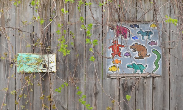 two small paintings on a wood fence, with vines growing in front of them. 