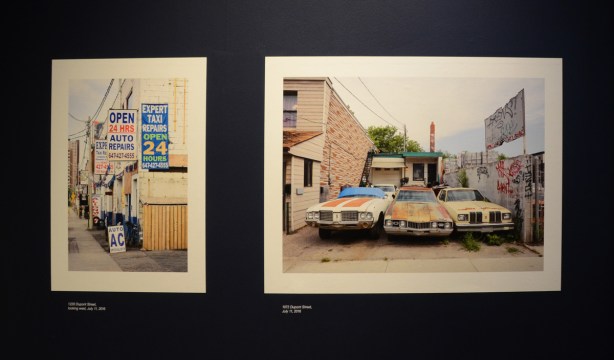two photos taken on Dupont street, the one on the right is of 3 old cars parked in a driveway. The other is of signs for taxis and car repair shops