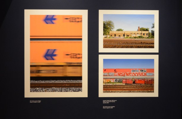 Three photos of trains and train tracks on Dupont Street