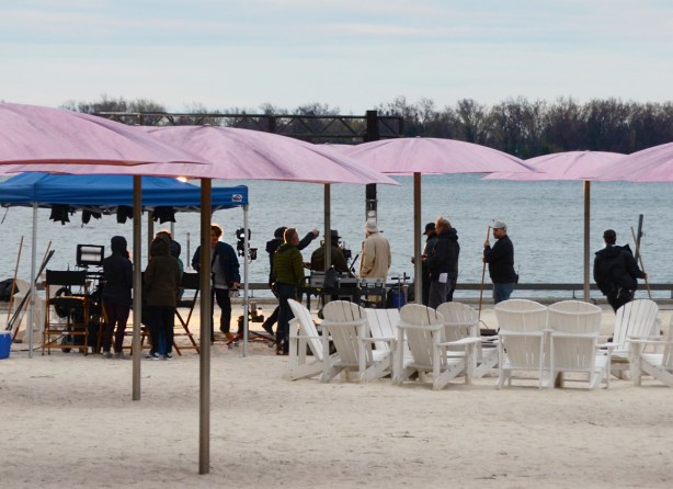 a group of people standing near the waterfront at sugar beach with its pink umbrellas and white muskoka chairs