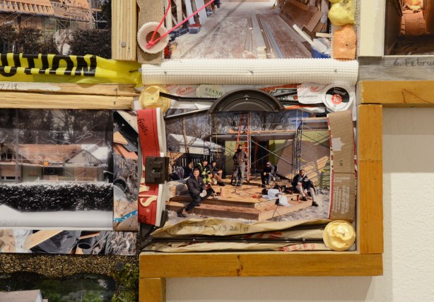 Process, and artwork by Sally Thurlow, of photos in a wood frame and each photo is framed with found objects 