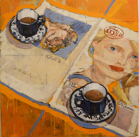 image on a gallery wall, orange table cloth, an open newspaper with illustraion of a woman's head, two partially filled cups of tea, with saucers