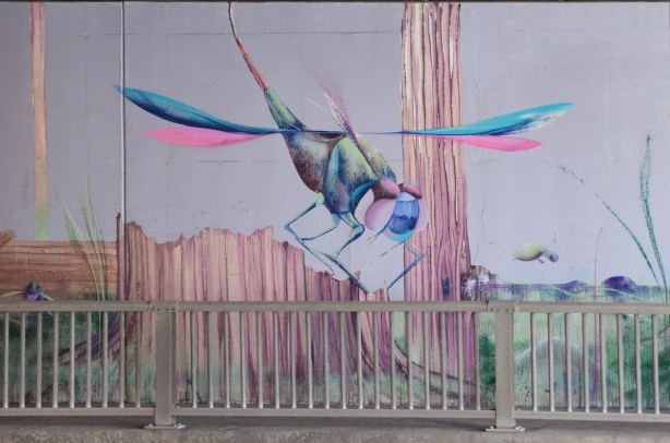 part of a mural by Christopher Ross on an underpass wall in pinks and blues, a dragonfly