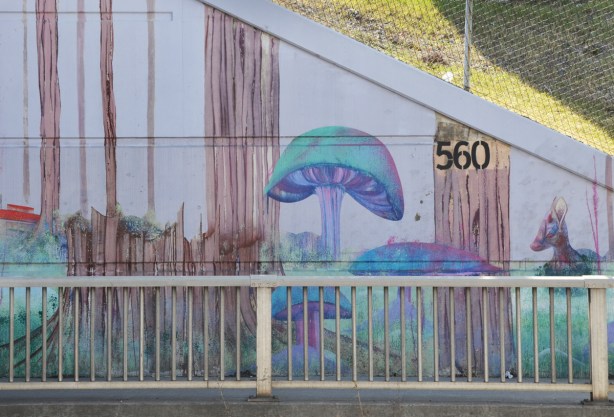 part of a mural by Christopher Ross on an underpass wall in pinks and blues, the end piece of the mural, mushrooms