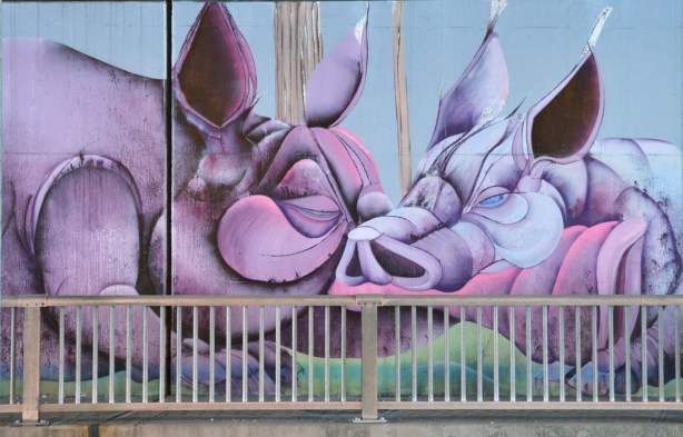 mural on a wall, two fat pink pigs snout to snout