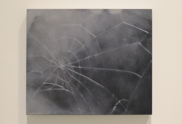 a painting of a spider web in shades of grey