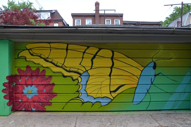 spray painted mural in a lane, large yellow butterfly,