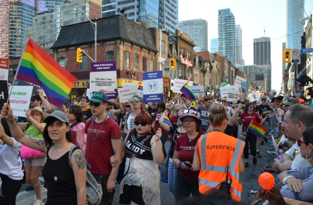 large group of pro vegans walking in a parade 