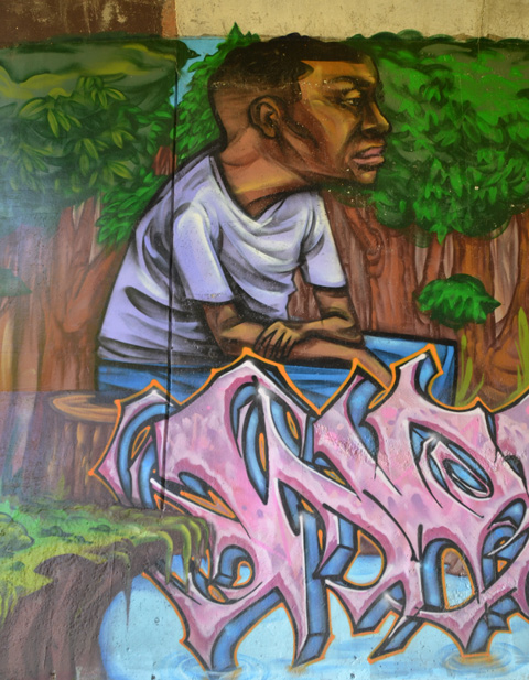 part of an elicser mural beside West Highland Creek, under Lawrence Ave., a man in a white t-shirt sitting beside a tree