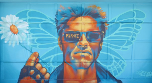painted mural in a lane, butterfly in pale blue behind a man's head. Man in oranges and blues, wearing sunglasses 