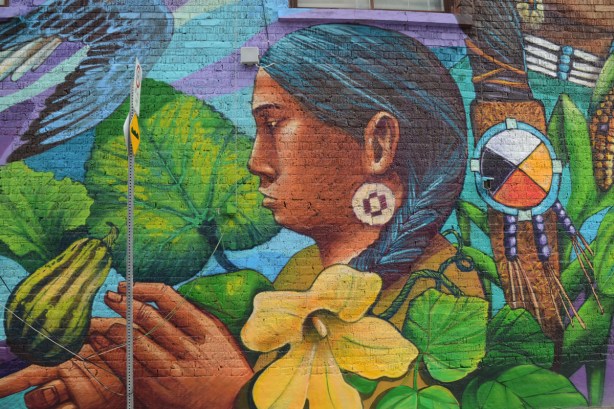close up of woman with long black braided hair, standing in the midst of a squash plant, with yellow flower, a squash, and many leaves, in mural