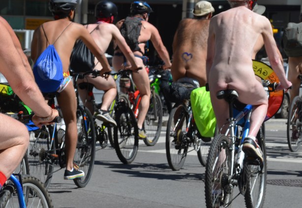 world naked bike ride - the behinds and backsides of a group of nude cyclists 