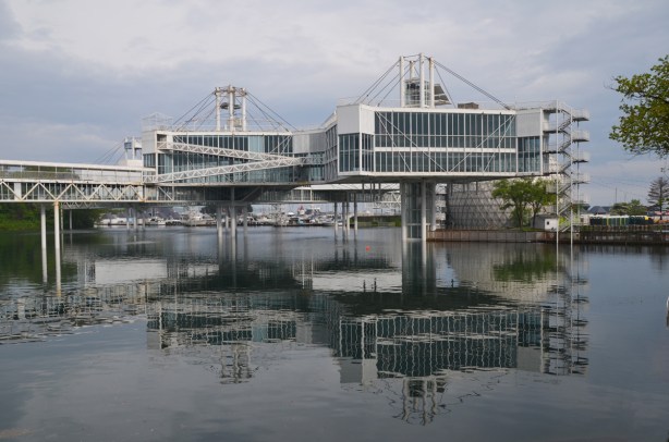 elevated buildings of Ontario Place over the water