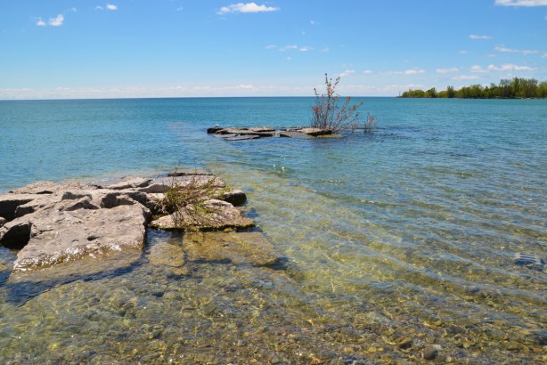 rocks and pebbles along the shore of Lake Ontario, a small island of rocks with a small tree growing on it 