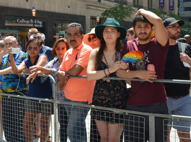 people behind metal barricades watching dyke march