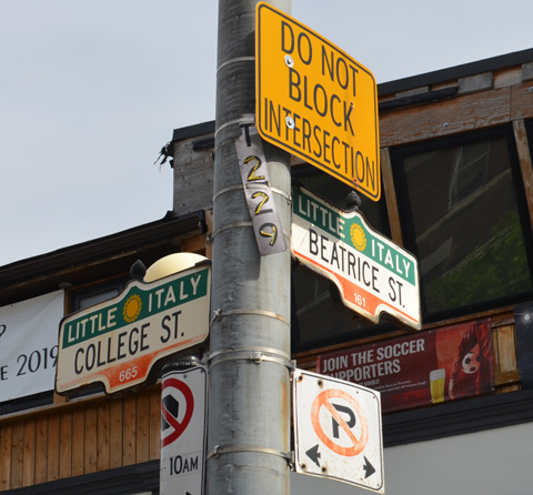 Toronto city street signs on a pole, LIttle Italy College Street and Beatrice Street as well as a yellow do not block intersection sign 
