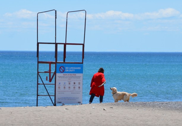 a woman in a bright red coat is about to throw a large stick into Lake Ontario for her dog to chase, empty lifeguard station beside her 
