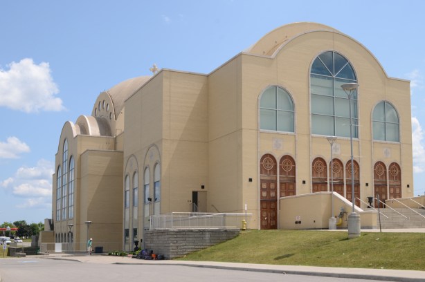 very large pale brown cathedral church, St. Marks Coptic Church, new building, 