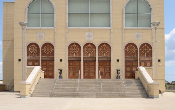 large front doors of very large pale brown cathedral church, St. Marks Coptic Church, new building, 