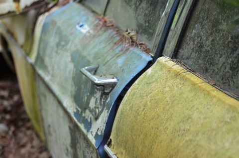 blue drivers door on yellow car, junked, car graveyard in Kendal