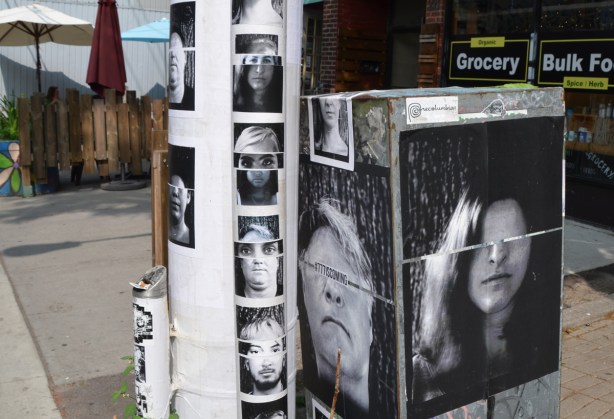 black and white photos of peoples faces. Some have eyes from a different person inserted, others have eyes removed by lowering of forehead 