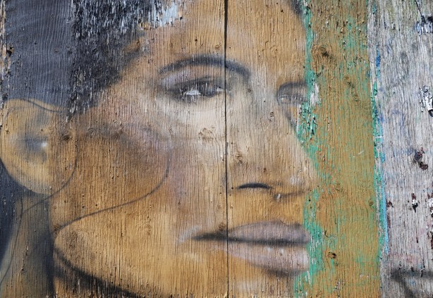 faded, on an old wood fence is a profile picture of a woman that is faded, the wood grain comes through very clearly, some peeling paint on the edges 