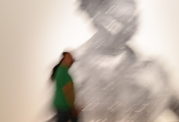 people, out of focus, walking past a large out of focus picture of a woman, a photo by Sandra Brewster as part of her blur series, a man in a green shirt