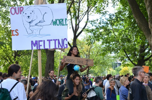 climate strike, rally for action on climate change at Queens Park, a group by the trees in the park, two signs, one with a bear on it and words about melting ice. The other is being held by a woman who is on another person's shoulders 