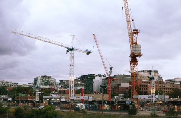 3 cranes at construction site on Front Street where Globe and Mail used to be 