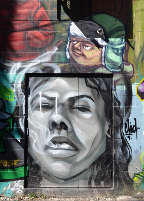 elicser mural on a wall including a door that is painted with a large face in grey tones