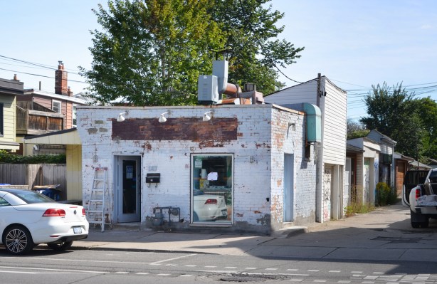 small brick building painted white was Harbord Fish and Chips, sign is gone and the building is being renovated 