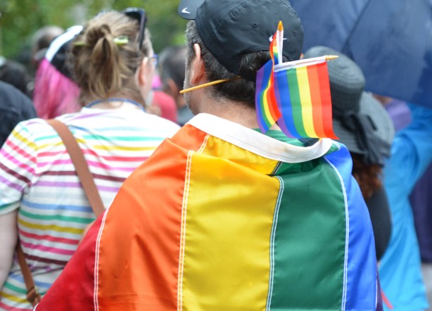 a man with two rainbow flags in his hair and wearing a large rainbow flag over his back 