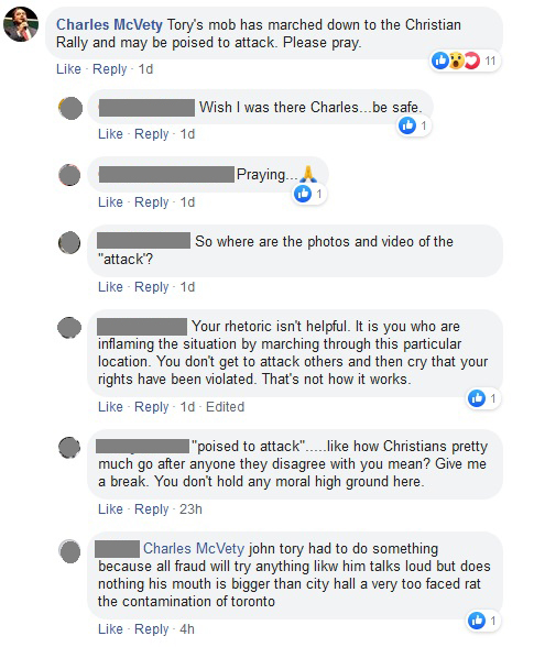 a screenshot of a facebook post by Charles mcVety and some of the responses to it. 
