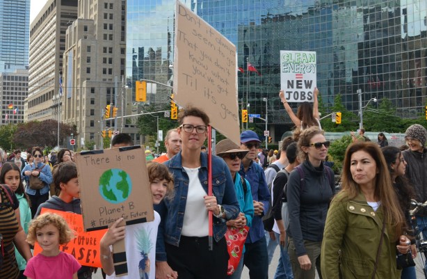 climate strike, rally for action on climate change at Queens Park, group of people, adults and kids on University Ave