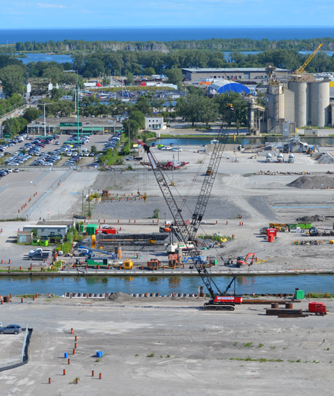 Port Lands from above, Keating Channel, beginning of construction of a new bridge at Cherry street, 
