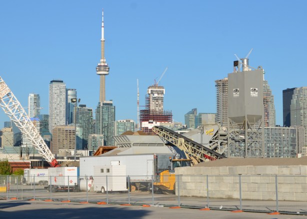 CN Tower and Toronto skyline from Cherry street, T and T market parking lot