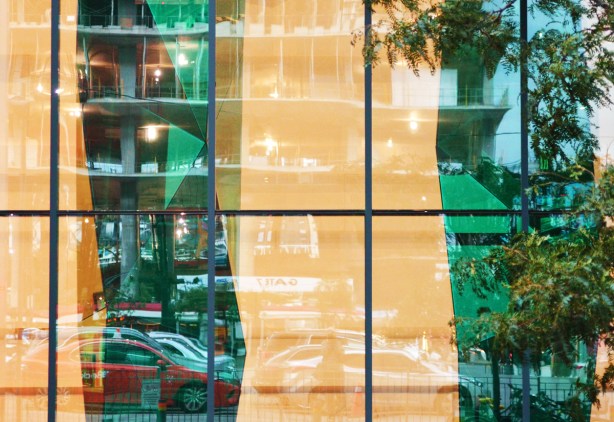 reflections in clear and green glass