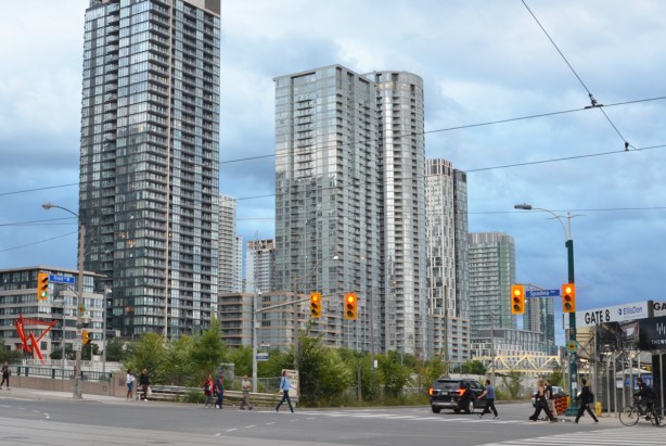 looking southwest at intersection of Spadina and Front, condos