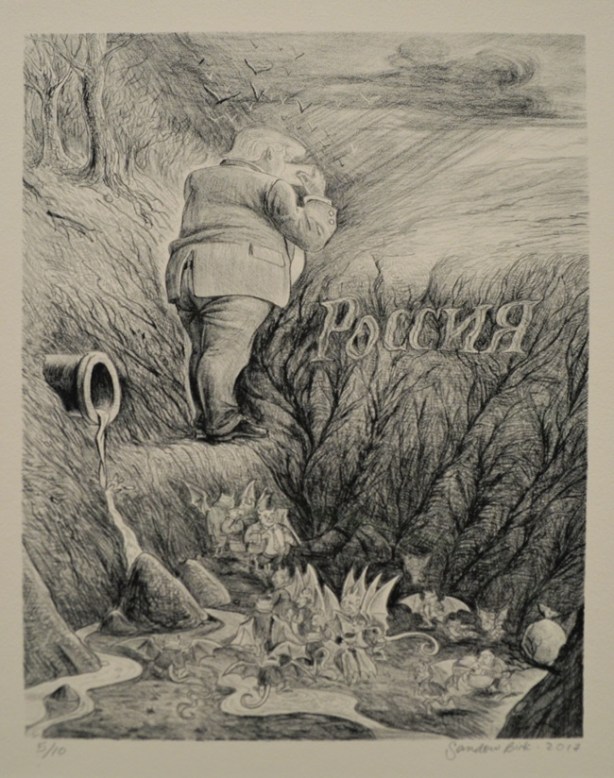 a lithograph, political satire, of Trump on his cell phone as he looks towards Russia, lots of demons and unsavoury characters playing in the sewer and swamp behind him 
