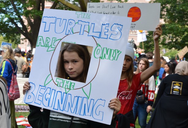 a girl has her face showing through a square hole cut out of a piece of white bristol board, sign saying that the turtles are just the beginning, her face is part of the turtle body